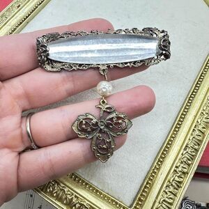 Vintage Victorian Bar Dangling Pearl Charm Gold Brooch Victorian Revival Pin